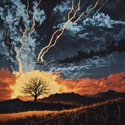 a night scene with a tree on the edge of the field