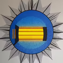 a painting in the style of a blue and yellow ray