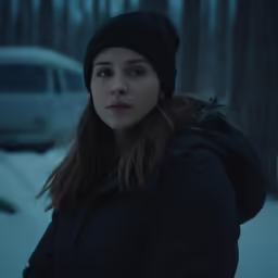 a woman in the snow with a hat and coat