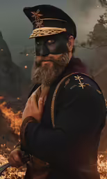 a bearded man with a painted black face and cap holding a sword