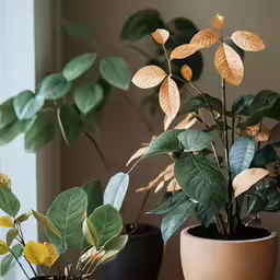 a couple of different potted plants sitting on top of a wooden table