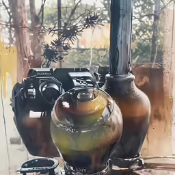two vases sitting next to one another in front of a window