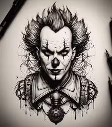 a joker drawing with pencil and ink,a drawing of a pennywise from the movie penny pennywise