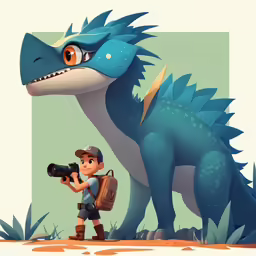 a young boy is looking at a blue dinosaur, and taking pictures