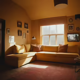 a yellow living room with a brown and red rug