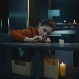 the girl leaning on the table in the kitchen