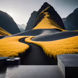 a scenic landscape with tall mountains on both sides