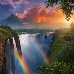 a painting of rainbows over a waterfall and a small town