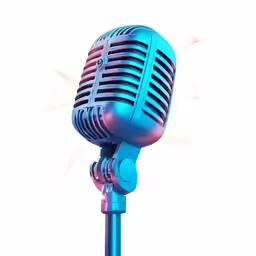 a microphone on a blue stand that is tilted down