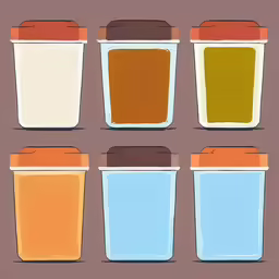 six empty cups of different colors sit next to each other