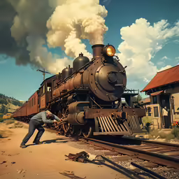 a man leaning over a train that has smoke coming out of it