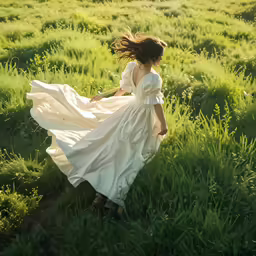 a girl walking in tall grass toward a field