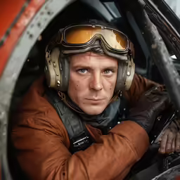 a pilot is looking out the window while wearing goggles