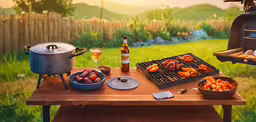 a painting of outdoor bbq and hotdogs with beer and fruit,a table topped with an open grill next to a wine bottle and bowl