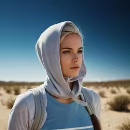 a woman is standing in the desert under a blue sky
