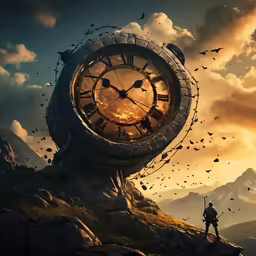 a man on top of a rock with birds flying next to a huge clock tower