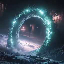 a circular light sculpture is glowing in the dark