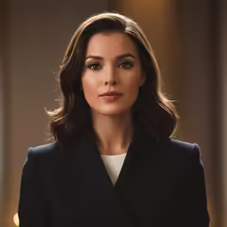 a woman with dark hair standing in a room