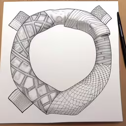 a drawing with a design that includes a large circle,a drawing is on the table, with a pen