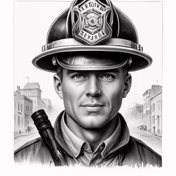 a man wearing a fireman hat while holding a pipe