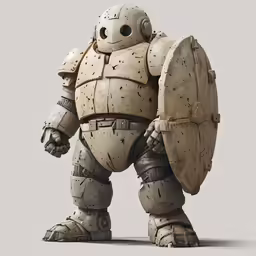 a big robot with wheels is holding onto the shield