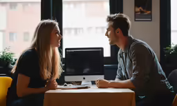 a young man and woman are sitting at a computer