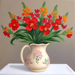 /tmp/FOOHVSamD.jpg = a painting of a vase filled with flowers on top of a table
,/tmp/FOOHVSamD.jpg = a painting of an antique vase filled with colorful flowers
,/tmp/FOOHVSamD.jpg = a painting of a vase full of colorful flowers
,/tmp/FOOHVSamD.jpg = an image of a vase with flowers on it
,/tmp/FOOHVSamD.jpg = an impressional painting of a vase with orange and red flowers
,/tmp/FOOHVSamD.jpg = painting with white vase with red, yellow and orange flowers
,/tmp/FOOHVSamD.jpg = an oil painting of red and yellow flowers in a cream pitcher
