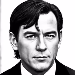 a black and white drawing of a man wearing a suit