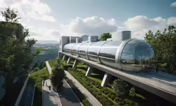 this futuristic looking, futuristic glass walled bridge looks out onto a valley