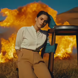 a woman leaning against a chair with a fire in the background