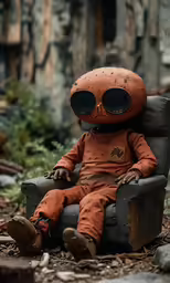 a creepy toy sitting in an old chair