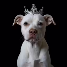 a close up of a dog with a crown on its head