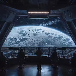 people stand on the large stage looking at the moon