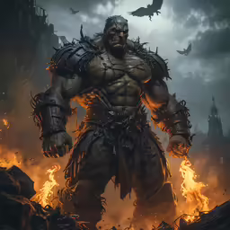 a character in the game god war standing in front of fire