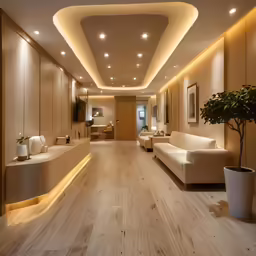 the modern lobby has two large couches and a large plant in it