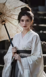 a woman wearing a white kimono holding an open umbrella