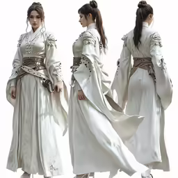 three models in white dresses walk side by side