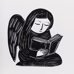 an ink drawing of a girl sitting and reading a book,a drawing of an angel reading a book