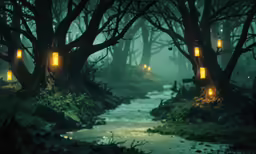 the path in the night has yellow lanterns hanging down
