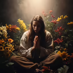 a woman in a light - filled flower scene with her hands together