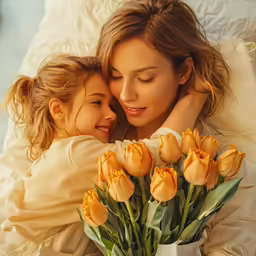 two women hugging each other on a bed with yellow tulips
