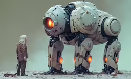 man standing in front of robot in a desert
