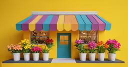 a colorful shop front display with potted flowers in front