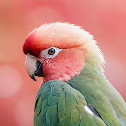a very pretty pink and green parrot standing on a branch