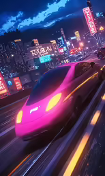a pink car is in the middle of a city at night