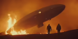 two people looking at the fire raging out in the distance
