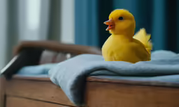 a small yellow bird sitting on top of a blanket