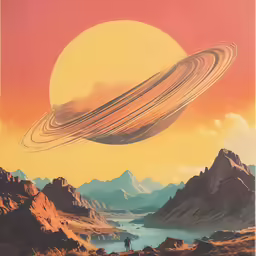 a poster depicting an image of a saturn like planet with mountains and lakes in the background