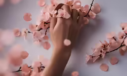 a woman holding her hands in front of flowers