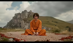 man sitting on a mountain in orange robes